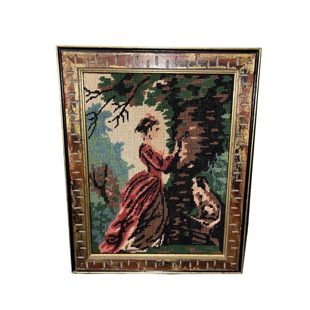 VTG MCM Petit Point Needlecraft gold distressed wood framed picture Girl Tree